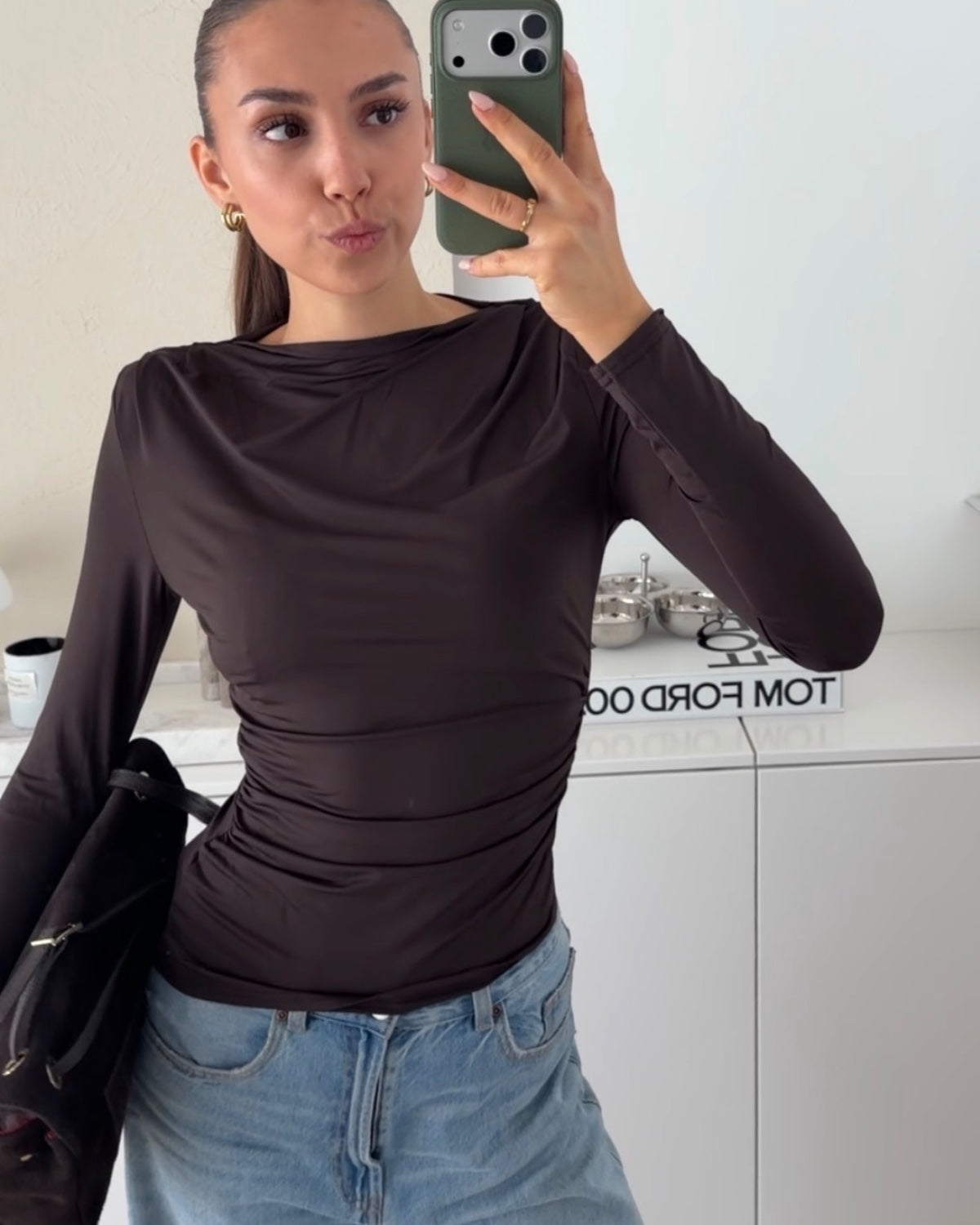 LONGSLEEVE DRAPIERT BROWN – Braun | avenuegirls.de Damenmode