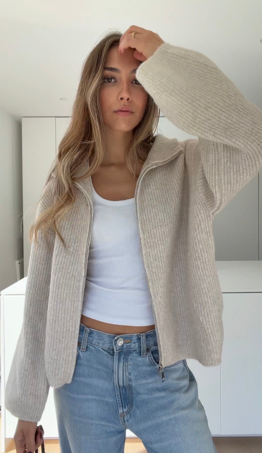 ZIP KNIT CARDIGAN SAND